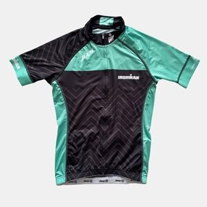Zoot x Ironman triathlon Cycling Jersey Mens Small Black Teal Chevron Full Zip